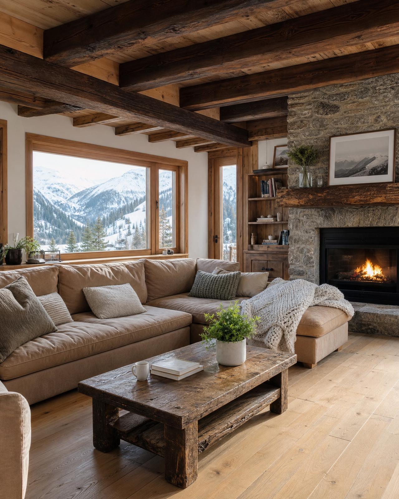 Intérieur authentique d'un chalet familial alpin — salon lumineux avec parquet clair, poutres en bois, cheminée en pierre et vue montagne